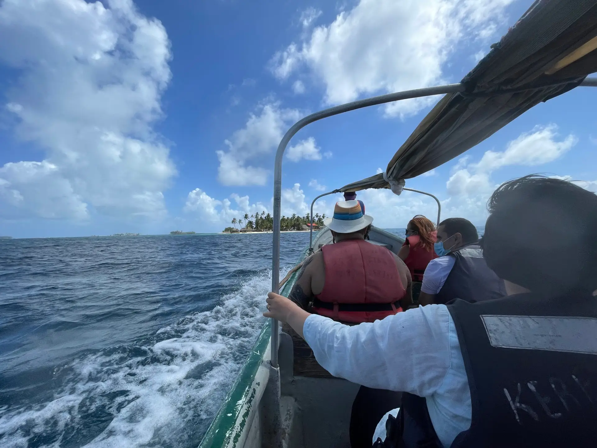 View from the back of the boat taking our group to the San Blas Islands. One of the islands is up ahead.