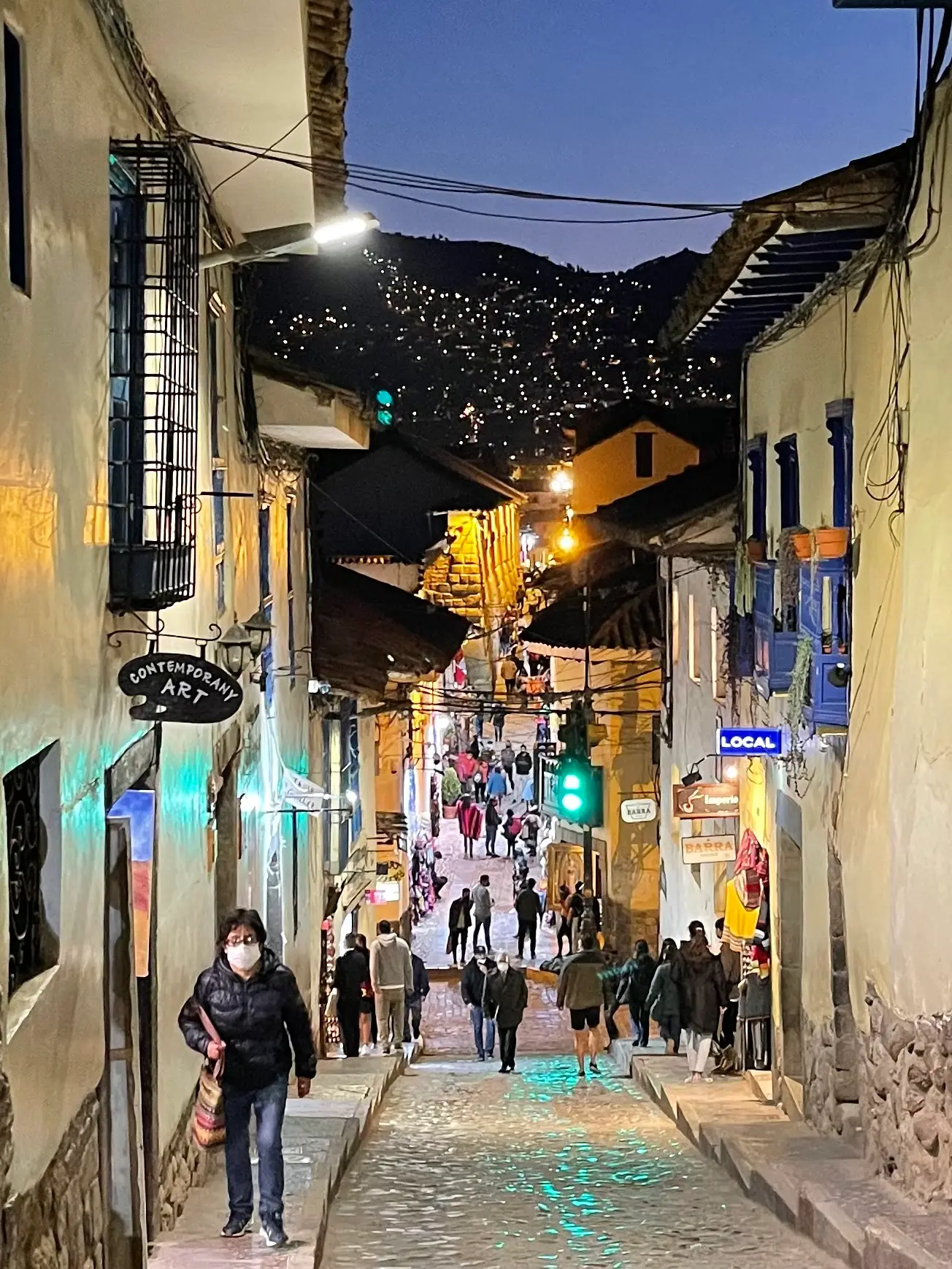 Nighttime cobblestone streetscape - Cusco, Peru