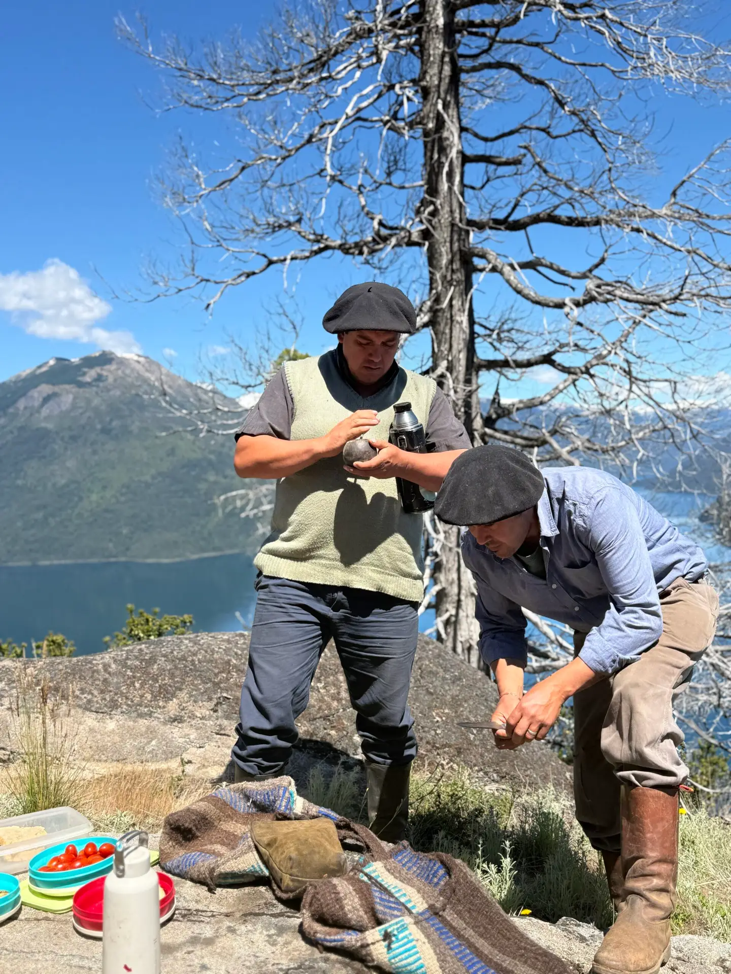 Javier and Ivan spread out lunch at Mate (MAH-tay) at Lago Puelo Overlook