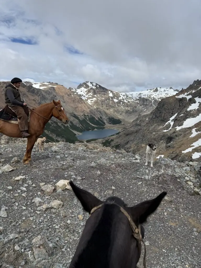 Patagonian mountain overlooking a lake in a valley across the way